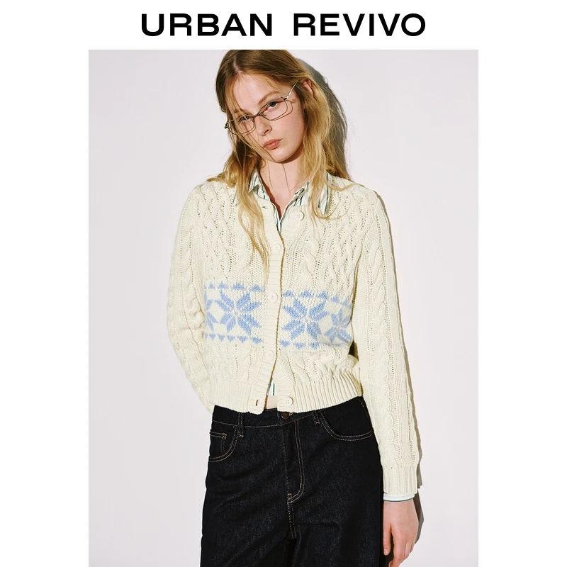 UR2025冬季新款女装休闲撞色提花绞花短款针织开衫UYL950260