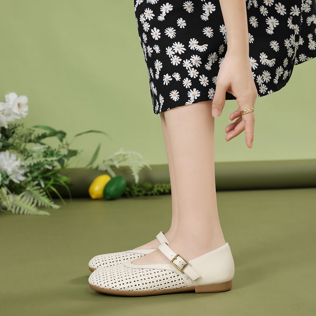 沙驰 25年新款【牛皮】国风女鞋镂空轻便休闲软底玛丽珍鞋平底单鞋