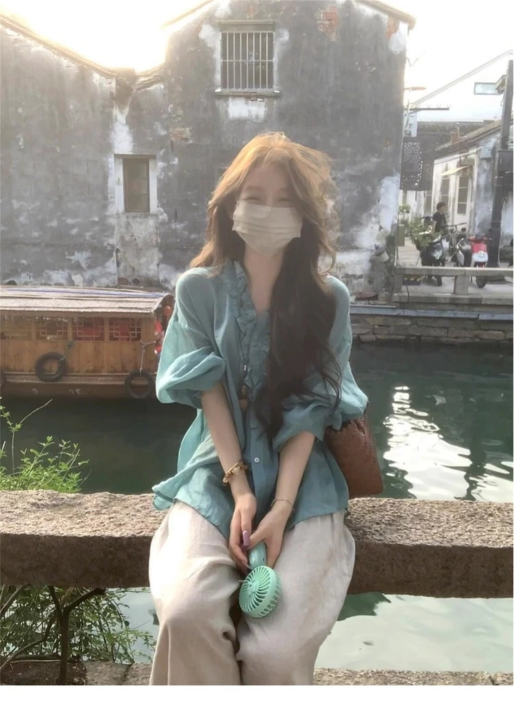 茶里茶气别致蓝色衬衫女夏季2025新款衬衣外套法式小资小上衣