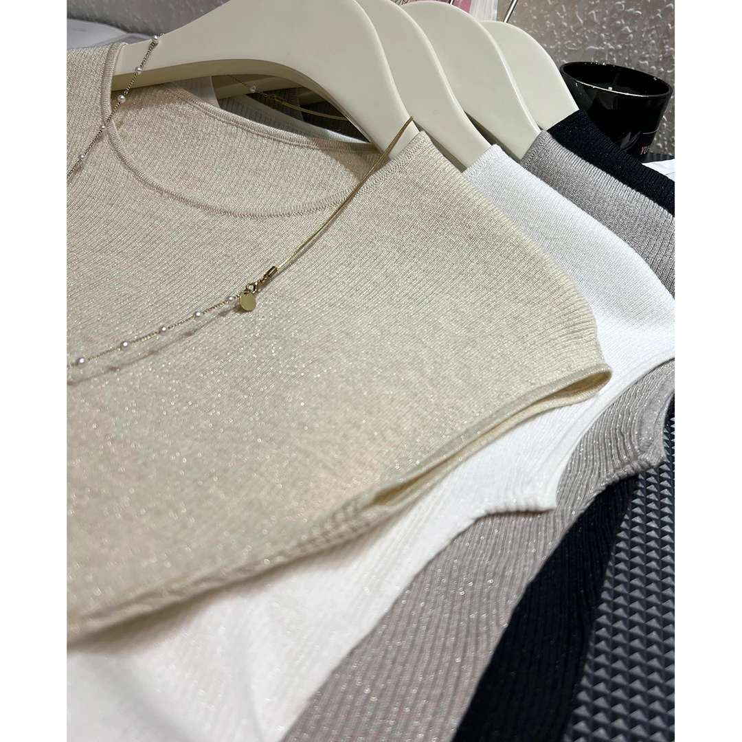 亮闪闪银丝吊带背心女内搭2025新款羊毛针织圆领无袖包肩T恤上衣