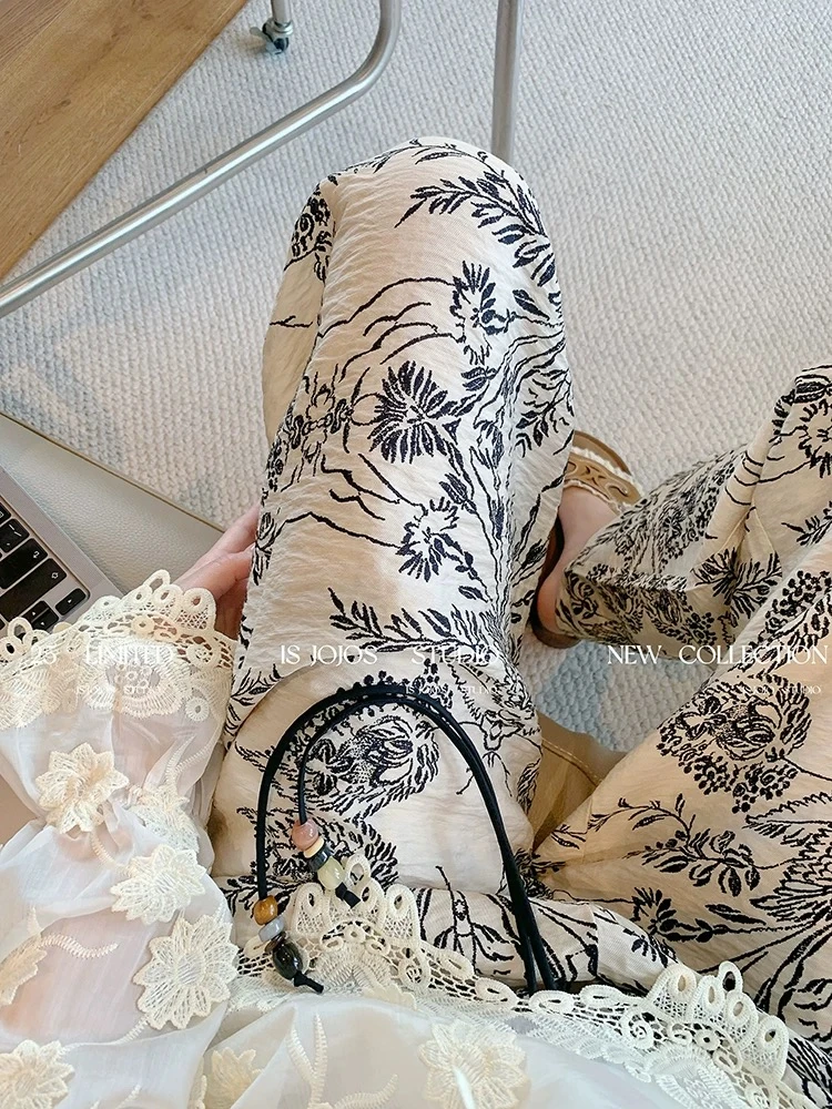 复古印花拖地阔腿裤女夏薄款2025新款宽松慵懒风显瘦直筒休闲裤子