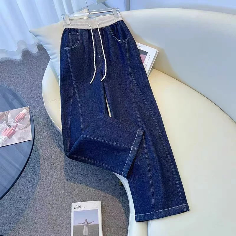 【卅】春夏新款百搭时尚宽松拼接款高腰松紧腰牛仔直筒弯刀裤