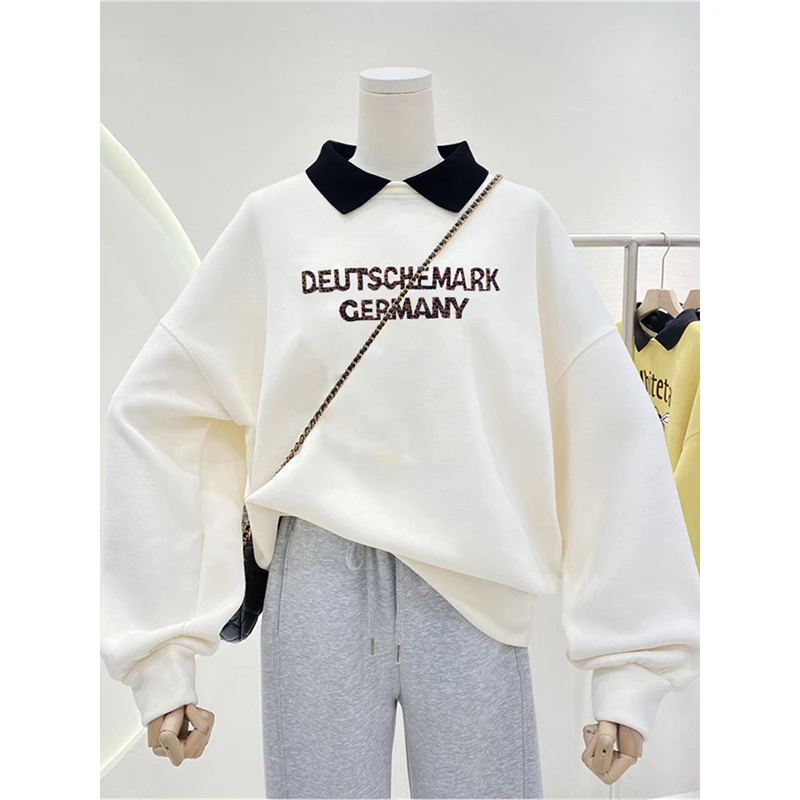 韩版复古立领大码女装无帽卫衣秋季新款胖mm印花设计感上衣200斤