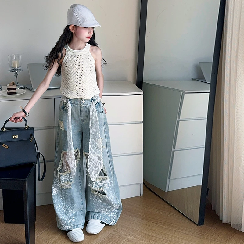 女童套装夏装薄款儿童牛仔裤两件套夏季洋气时尚潮流中大童女孩潮