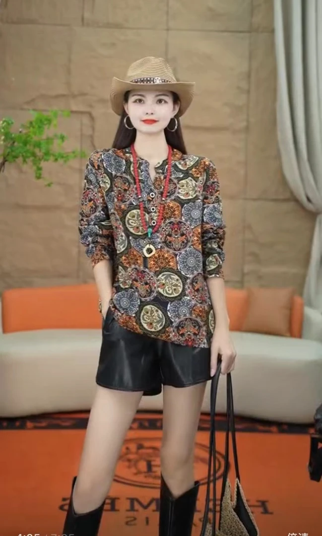 081（安言服饰）休闲风碎花常规款秋季圆领T恤气质提花上衣ins长袖