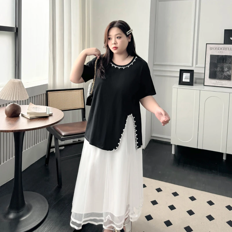 DX7530大码女装【白月香颂】气质钉珠圆领短袖T恤网纱半身裙子套装