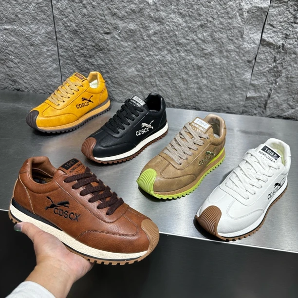 秋冬季新款男士保暖皮面阿甘鞋系带软底舒适时尚百搭休闲潮鞋