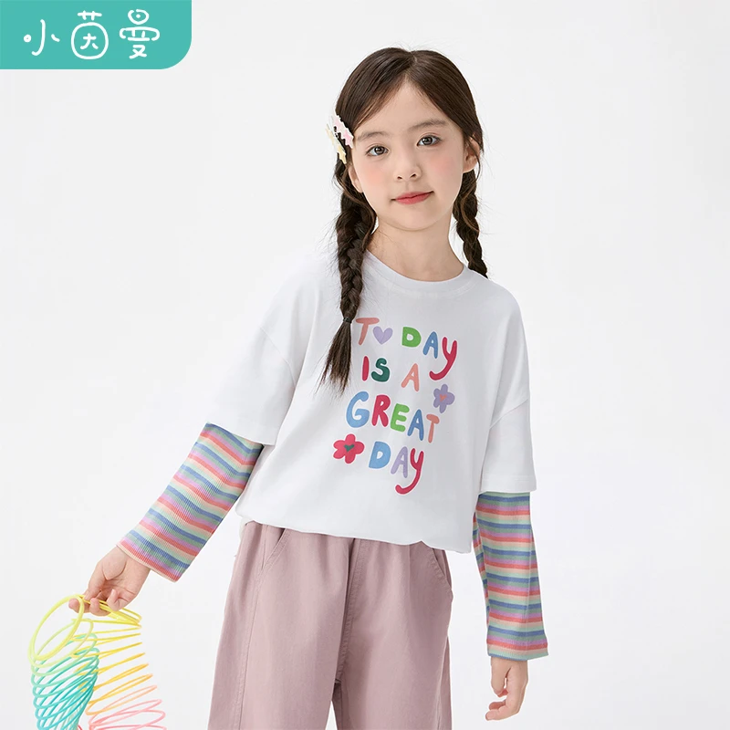 小茵曼女童纯棉长袖t恤彩虹条纹拼接袖25秋大童休闲上衣GO3853287