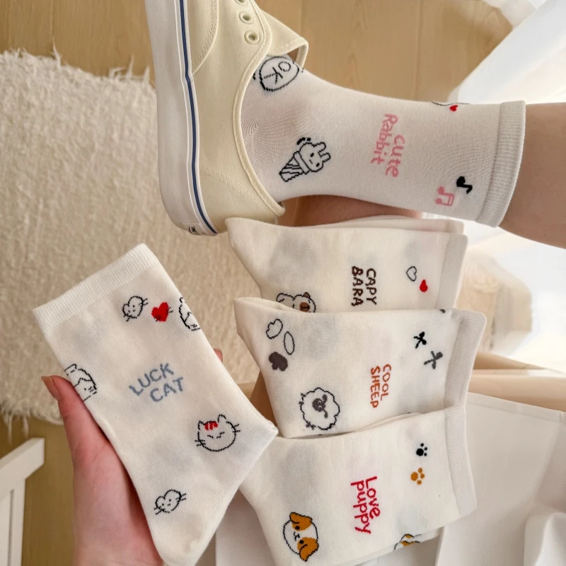 白色袜子女款春秋卡通蝴蝶结爱心字母中筒袜棉袜搭配德训鞋勃肯鞋