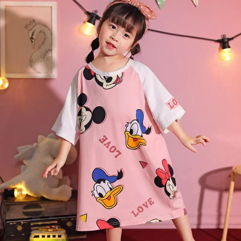 儿童睡裙短袖公主裙夏季女童薄款小女孩睡衣中大童亲母女微瑕