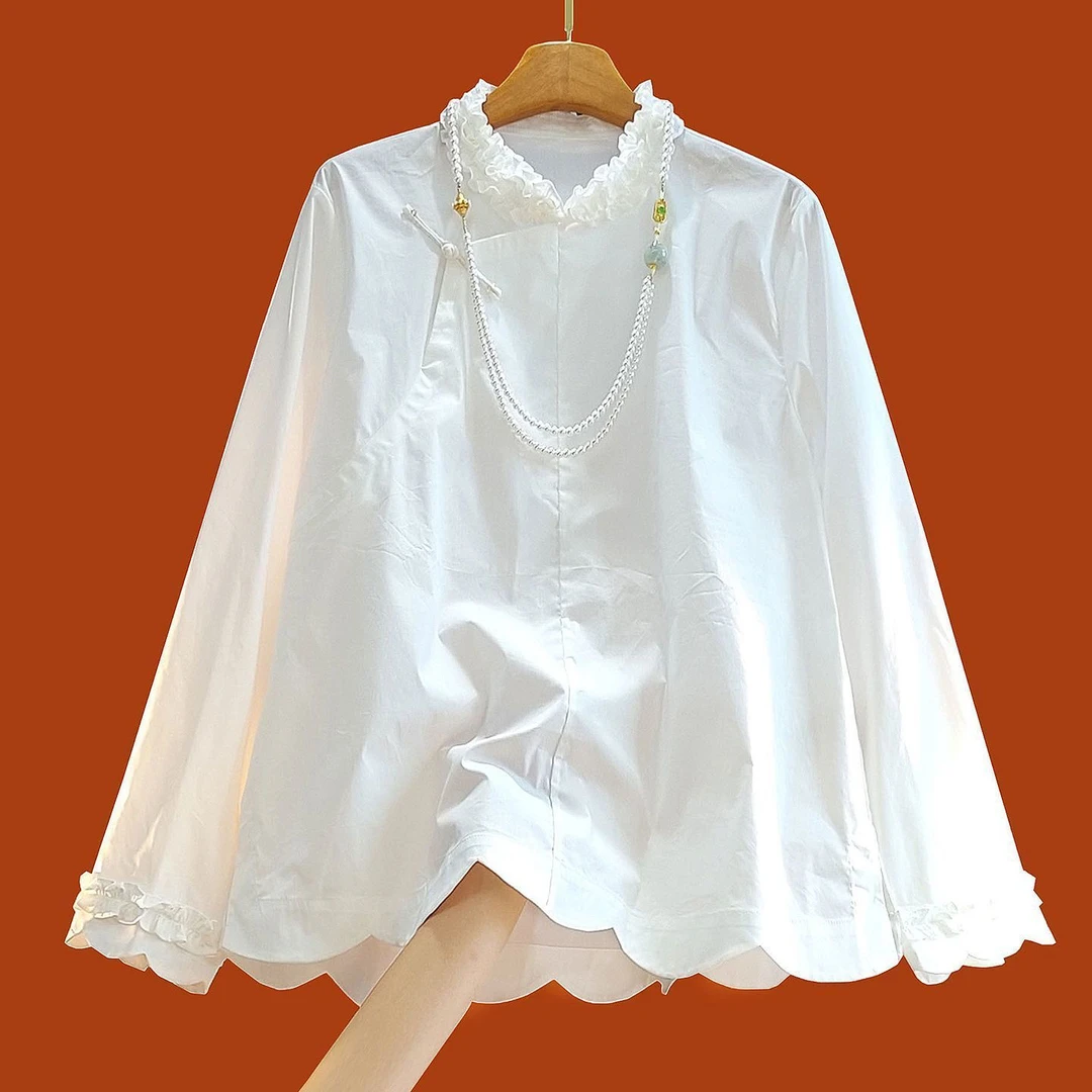 改良木耳边新中式白色衬衫女设计感小众复古盘扣叠穿内搭衬衣上衣