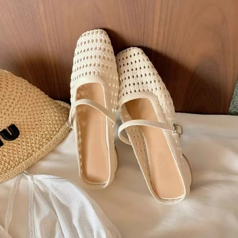 波西米亚编织包头拖鞋女外穿方头玛丽珍鞋女平底半拖夏季粗跟凉拖