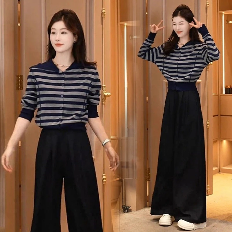 韩系穿搭秋装减龄一整套时尚休闲条纹上衣显瘦阔腿裤子两件套装女