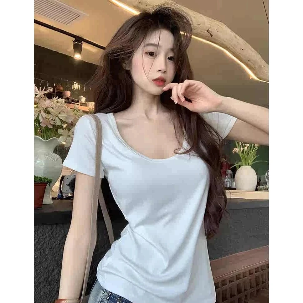 2025年春装新款女装U领方领白色宽松T恤短袖低领正肩辣妹上衣夏季
