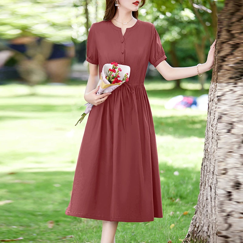 圆V领纯棉连衣裙夏季新款c抽绳显瘦纯色中长款A字裙