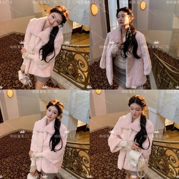 “纱绘子小姐”粉色环保皮毛一体外套女秋冬千金感短款翻领毛毛上衣
