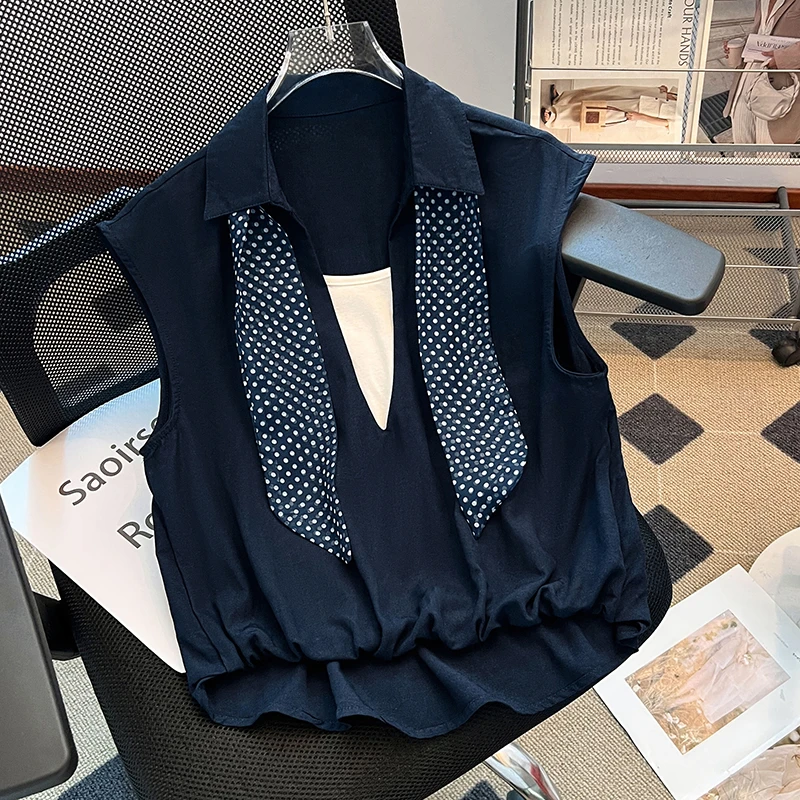 夏季新款洋气时尚气质百搭翻领无袖衬衫宽松纯色丝带小衫宽松上衣