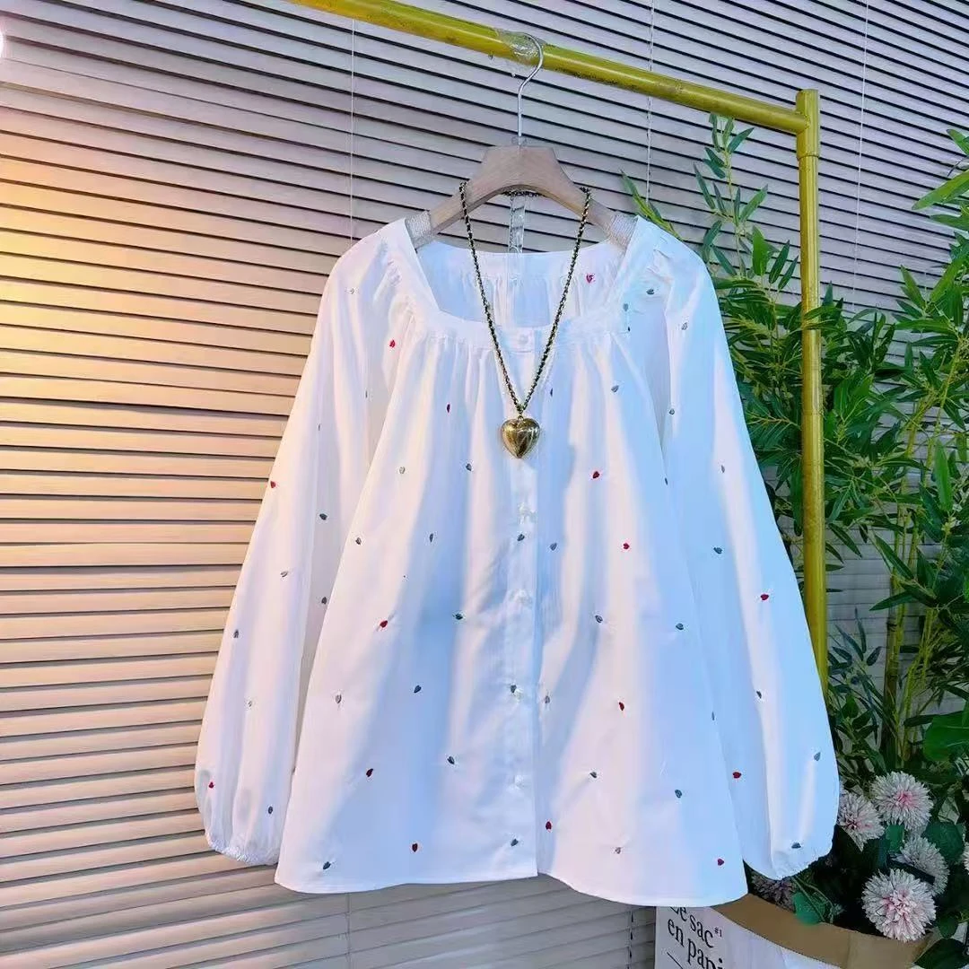 灯笼袖小衫大码女装早春胖mm长袖方领百搭气质宽松显瘦上衣6123