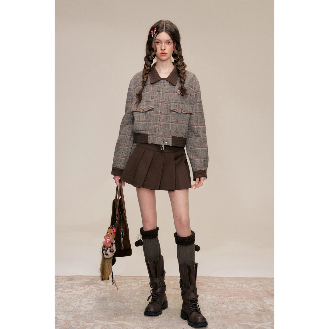 【樱木花菜】韩版学院风格纹设计感羽绒外套女+半裙套装