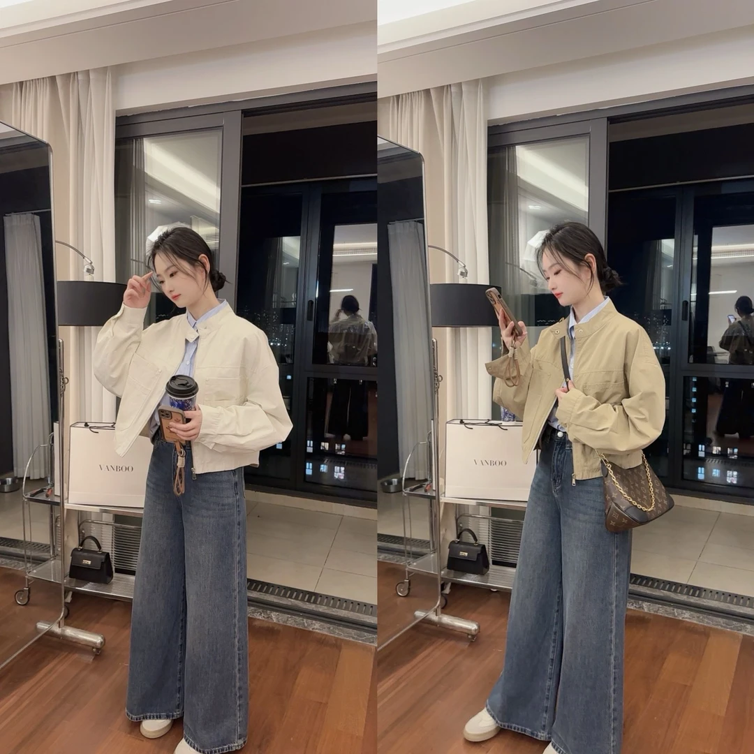 白色设计感立领工装外套女春秋2025新款小个子炸街洋气短款夹克潮