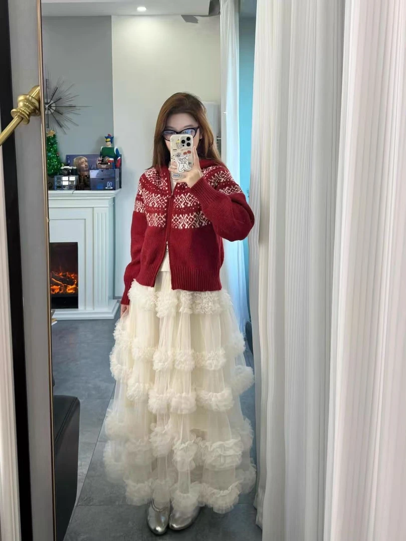 时尚百搭拼接中长款网纱半身裙女2025春装新款公主层层蛋糕裙长裙