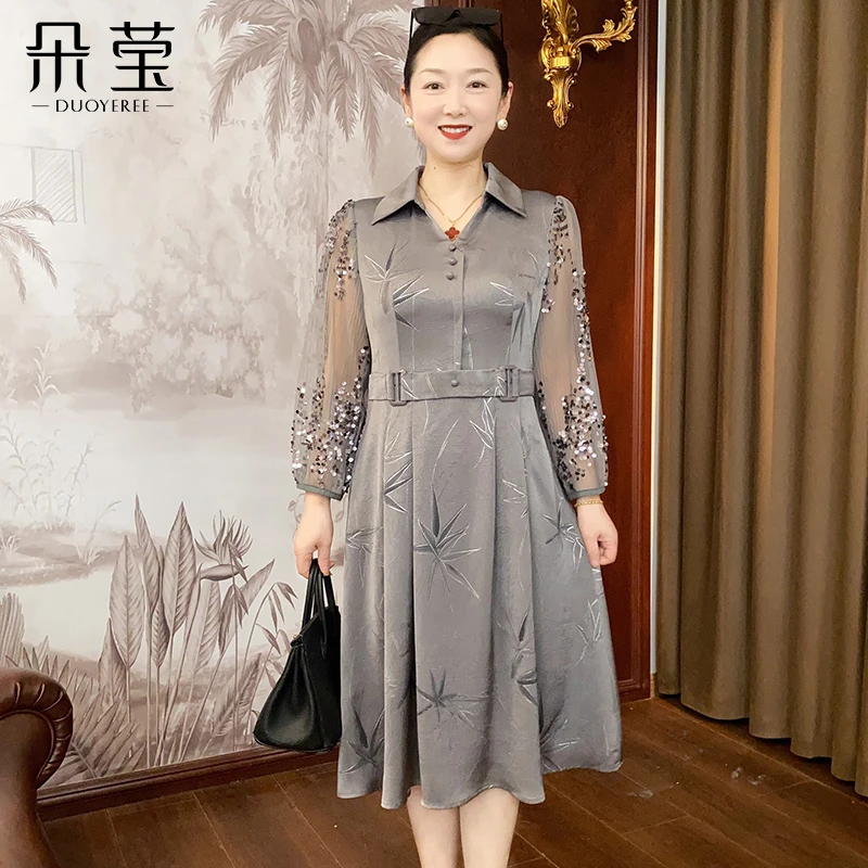 妈妈时尚春季纱袖亮片连衣裙中年洋气女新款中老年中长款显瘦裙子