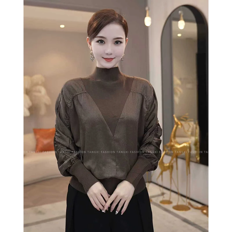 2025秋冬新款【ZM-991JR】醋酸天丝羊毛拼接棕色外穿褶皱毛针织上衣