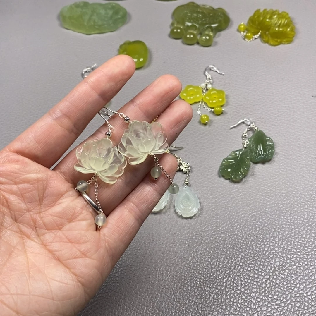 蛇纹石玉银S925镶嵌挂件耳饰