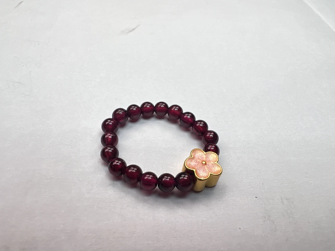 足金999烧蓝款一面粉色一面素色小桃花/小樱花石 榴 石戒@@A105