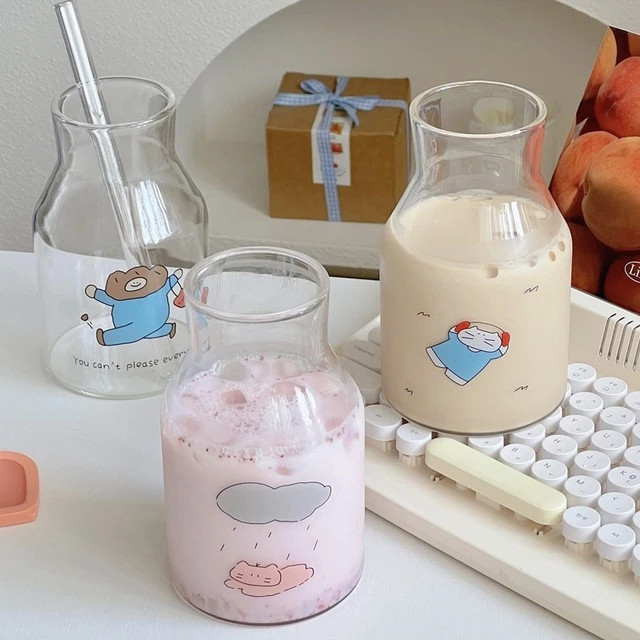 韩系果汁杯家用水杯大容量创意高颜值卡通猫咪印花吸管杯女生杯子