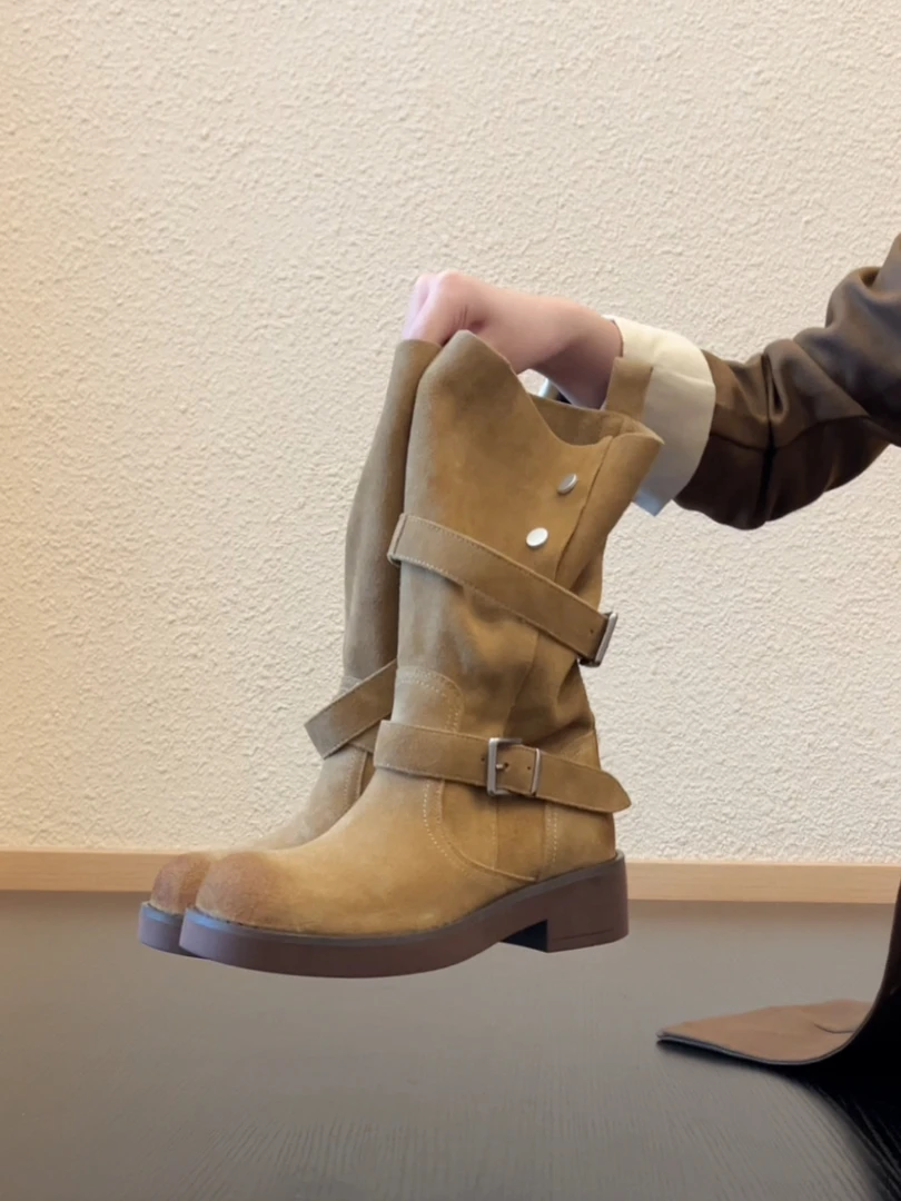 Pokoy-4.5cm复古厚底双皮带扣磨砂西部靴翻折两穿擦色圆头马丁靴