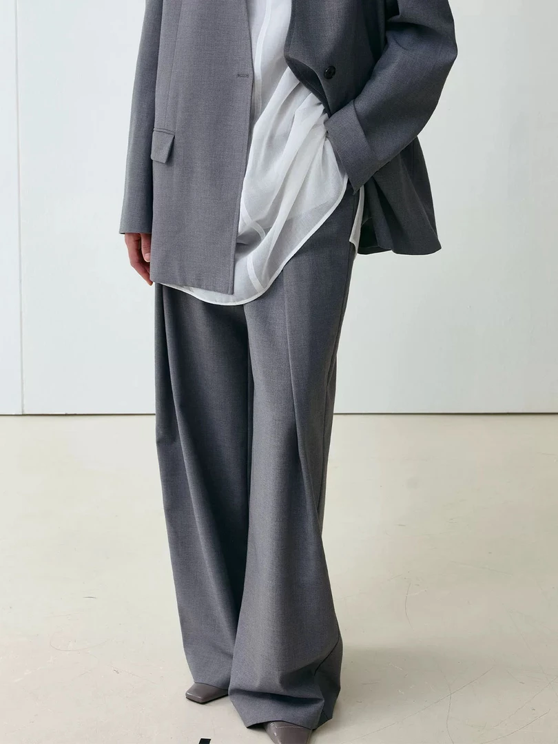 YOEYYOU前倒褶阔腿裤女2025早春新款灰色高腰宽松休闲显瘦直筒裤