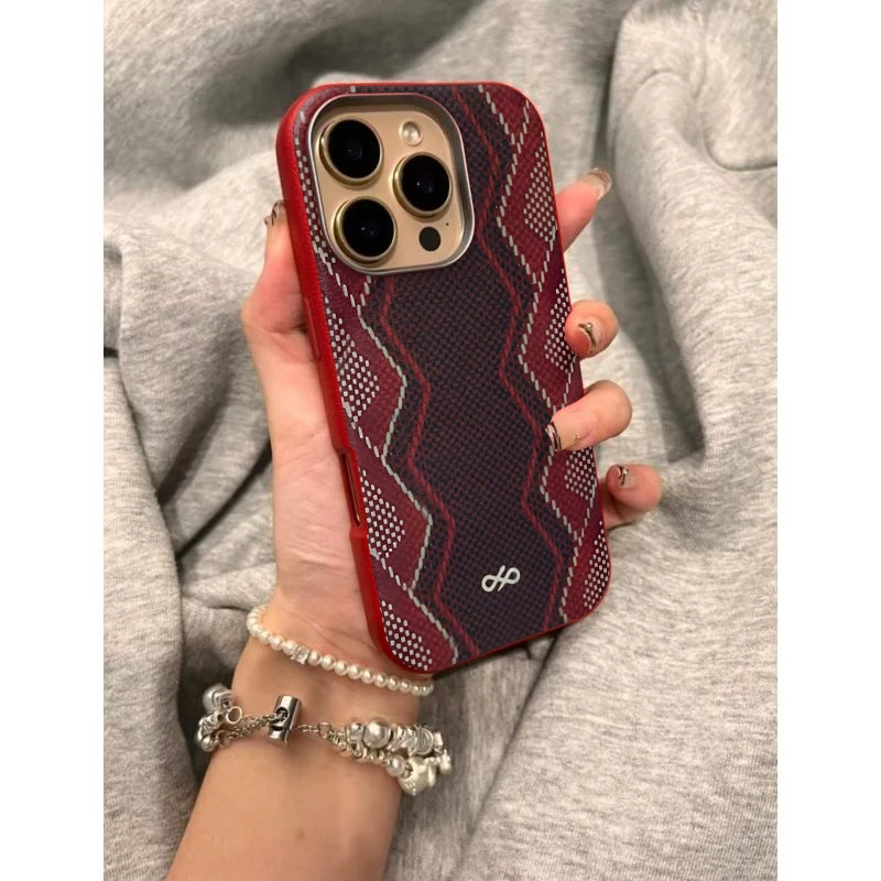 奥菲顿赤色蛇皮纹金属框适用iPhone17/16pro荔枝纹手机壳15/14/13