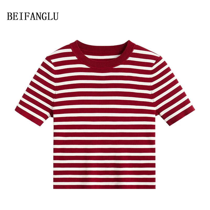 北方鹿 法式经典条纹T！莱赛尔醋酯桑蚕丝夏季圆领针织短袖女26506