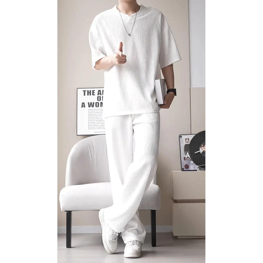 冰丝白色肌理感短袖男款T恤夏季休闲时尚长裤套装男装潮流一整套