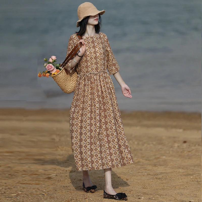 澳希美2025新款高端原创木耳边天丝亚麻连衣裙日韩文艺复古裙子