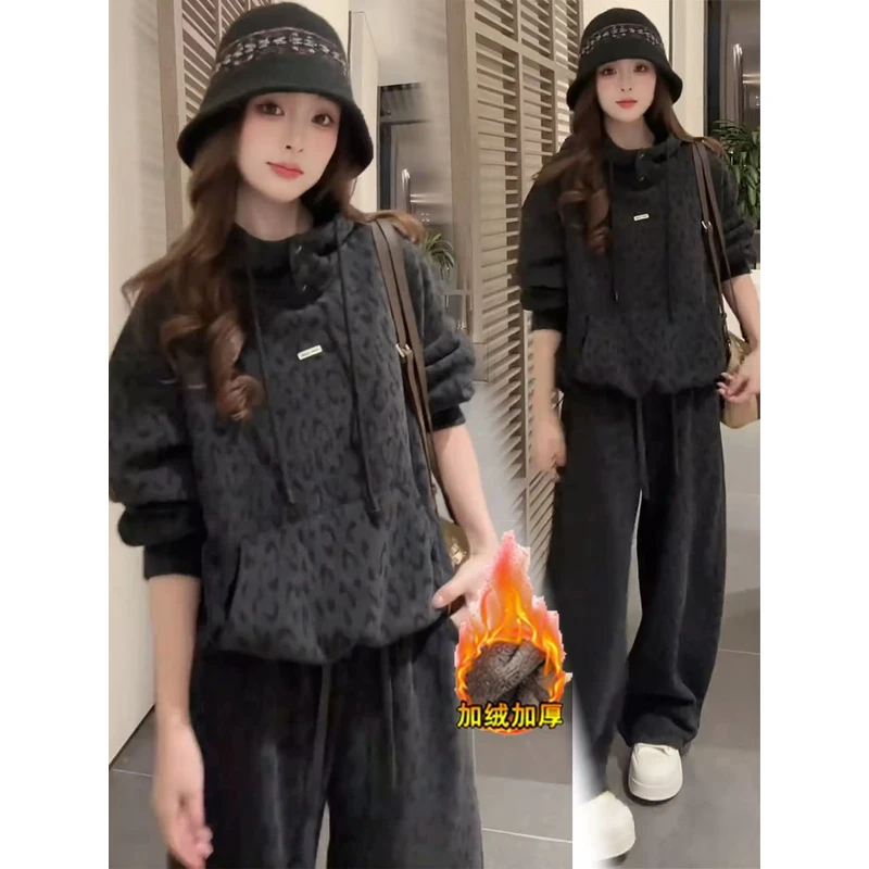 加绒加厚时尚套装女2025秋冬新款一整套豹纹连帽卫衣阔腿裤两件套