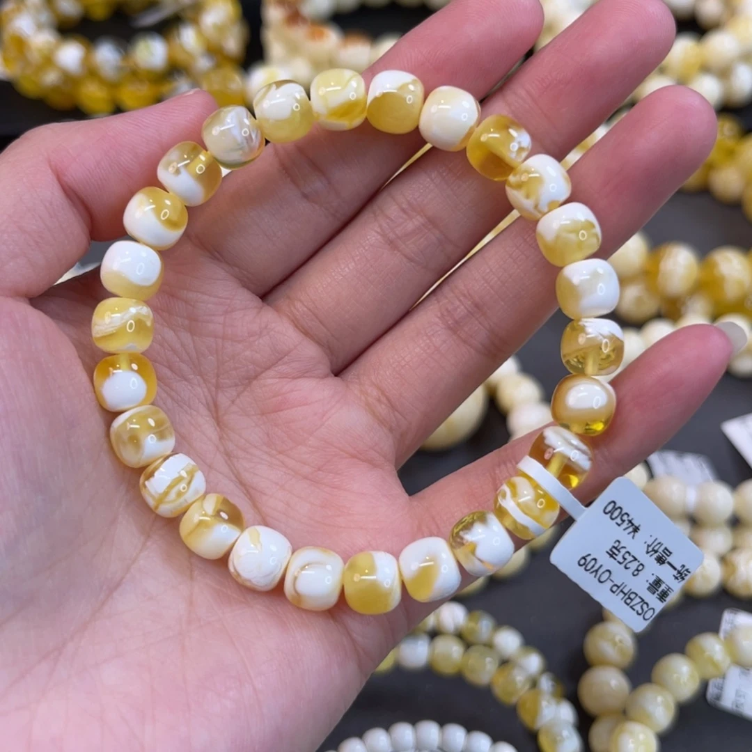 蜜蜡未镶嵌手链8*7.5mm金漆白溶洞妖花