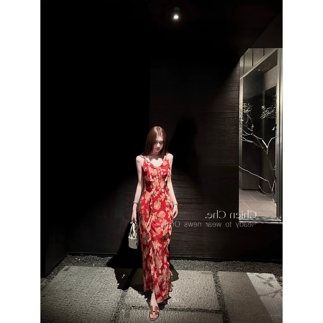 法式雪纺碎花裙春夏高级性感开衩荷叶边吊带连衣裙女