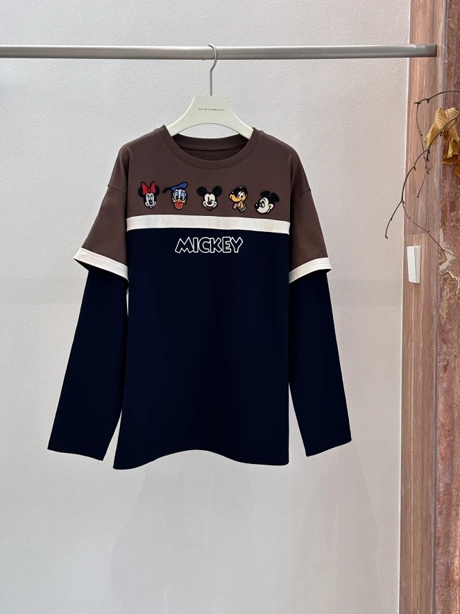 深圳南油高品#kimss家#25年新款卡通米奇刺绣拼接假两件T恤
