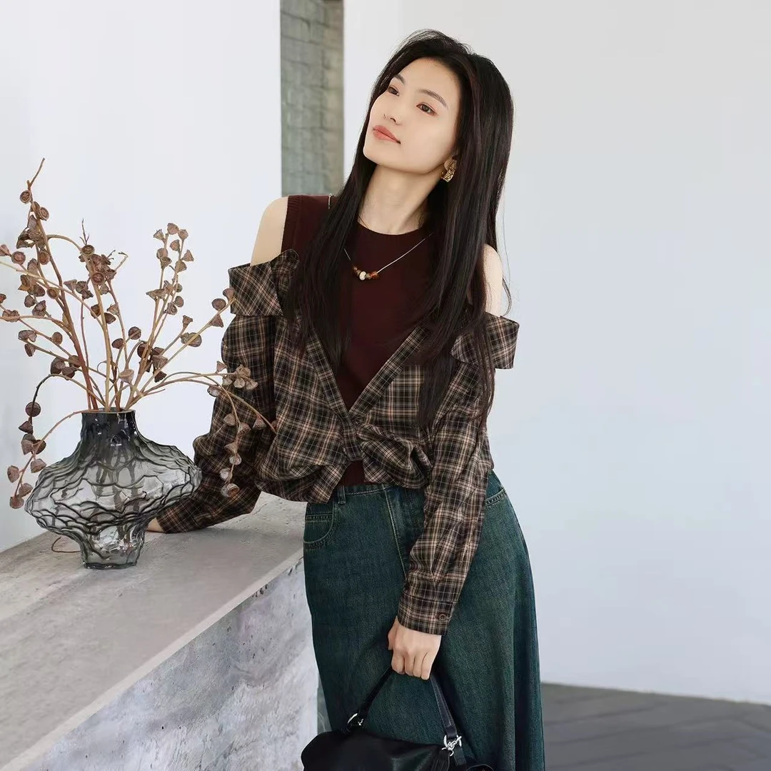 朵以2026新款外套格纹方领衬衫百搭上衣圆领秋季衬衫40BQ131001