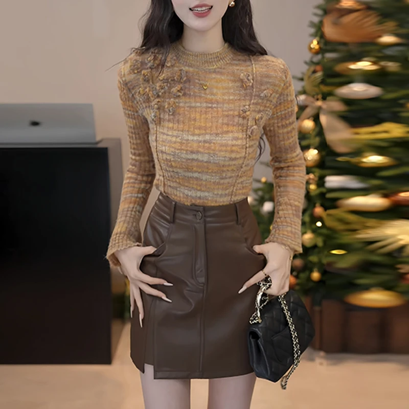 霖优【橙果气泡】复古显瘦针织花朵立体装饰毛衣秋冬女款修身针织衫