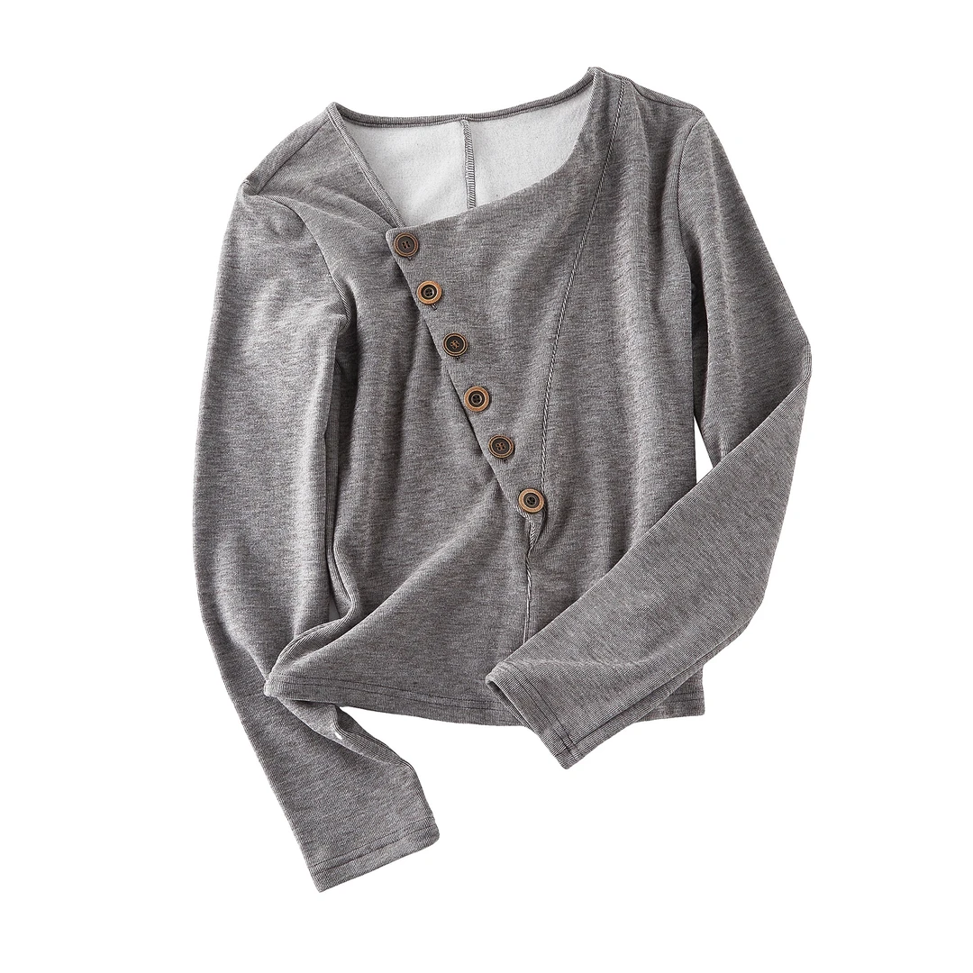 XTD 秋冬打底加绒不对称高级感打底长袖日系设计感/纽扣斜襟保暖