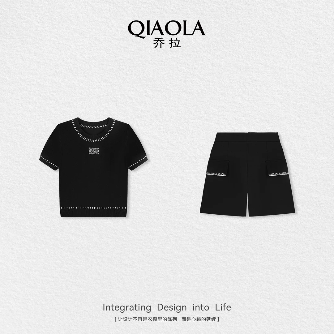 QIAOLA/乔拉【点滴心语】夏季新款短袖上衣短裤简约时尚套装预售