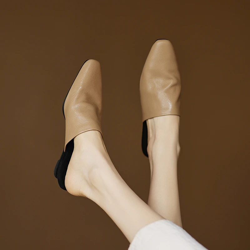 胎牛皮舒适软皮包头拖鞋女 3cm平底真皮气质半拖软底低跟复古女鞋