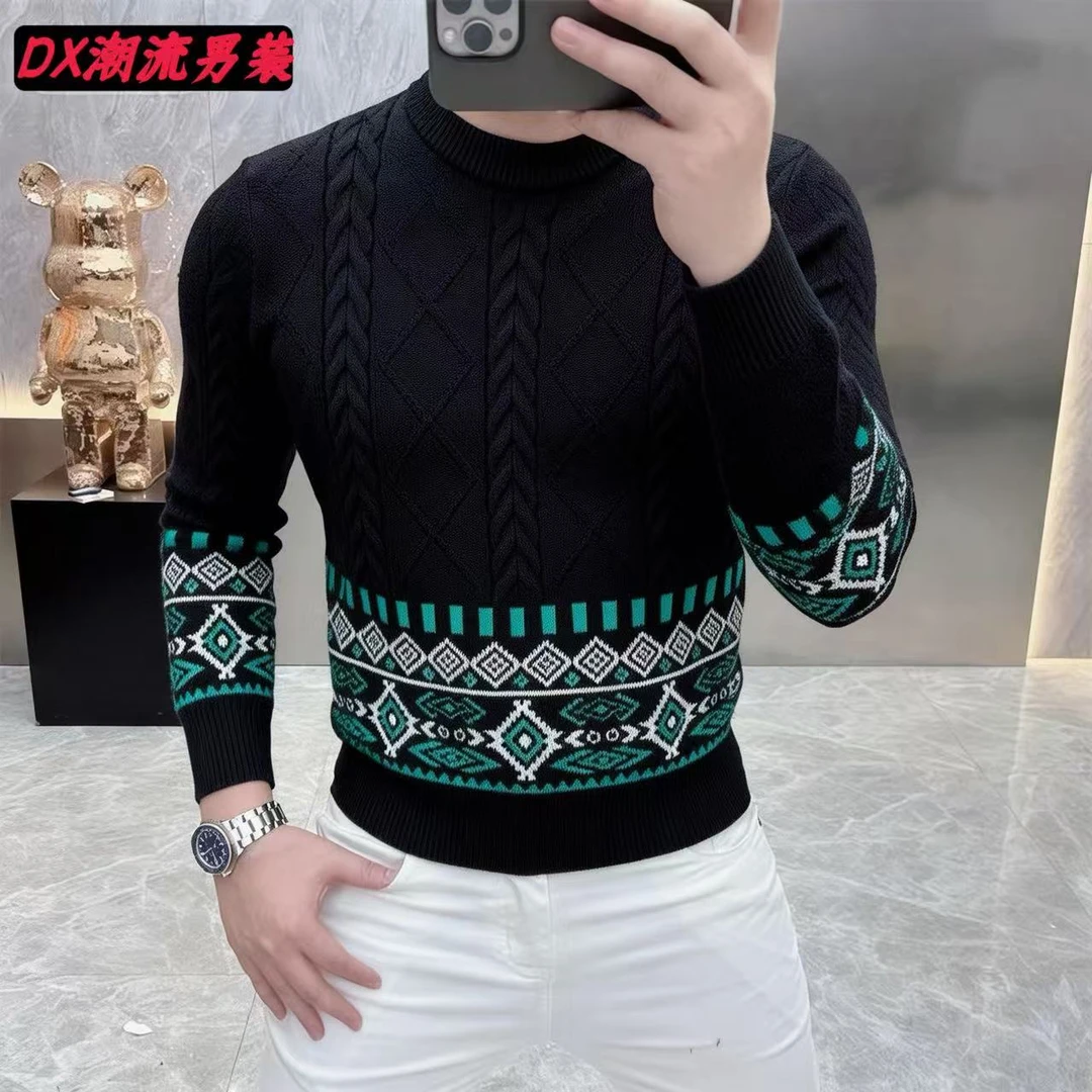 高档时尚提花针织衫男士秋冬款时尚百搭打底衫男装慵懒风25712