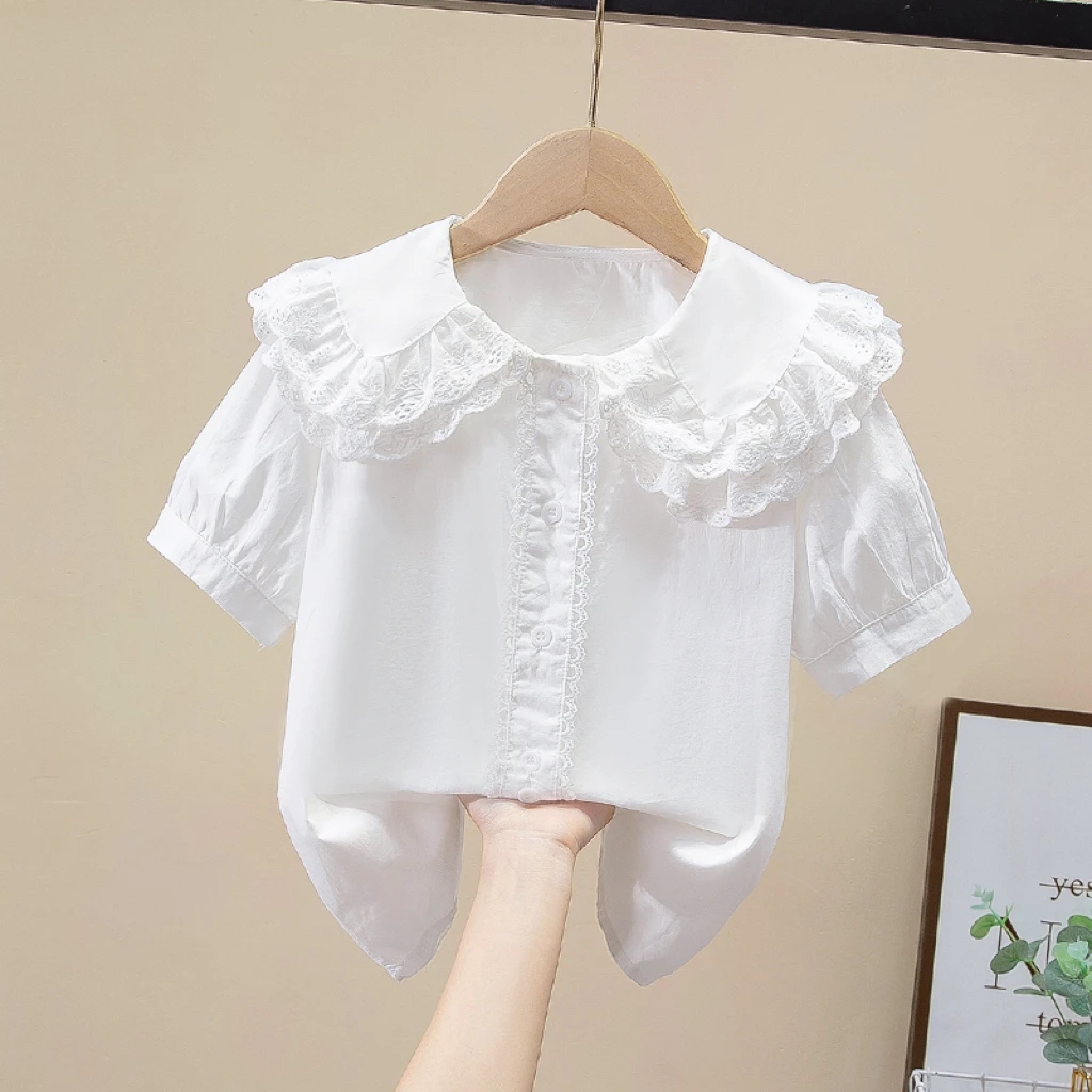 女童娃娃领衬衫白色短袖翻领上衣洋气夏季薄款蕾丝百搭女孩中大童