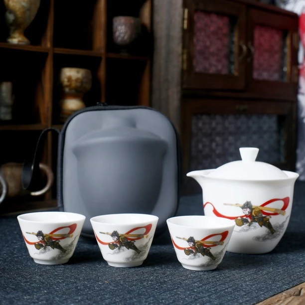 户外便携式旅行茶具大圣羊脂玉瓷茶杯带包中式快客杯茶具一壶三杯