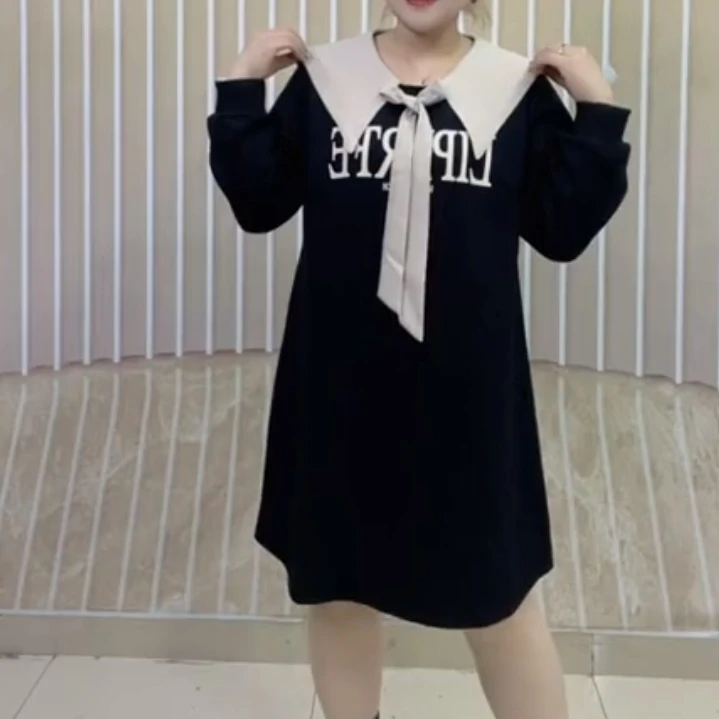 法式甜美娃娃领连衣裙胖MM大码秋季宽松遮肚中长款卫衣裙减龄显瘦