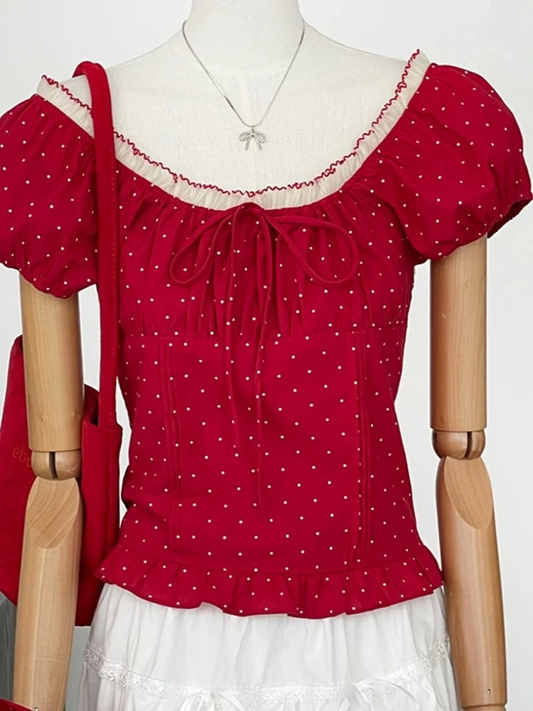 枝冉卷法式小资独特漂亮艳美波点短袖泡泡袖方领纯欲慵懒风女装